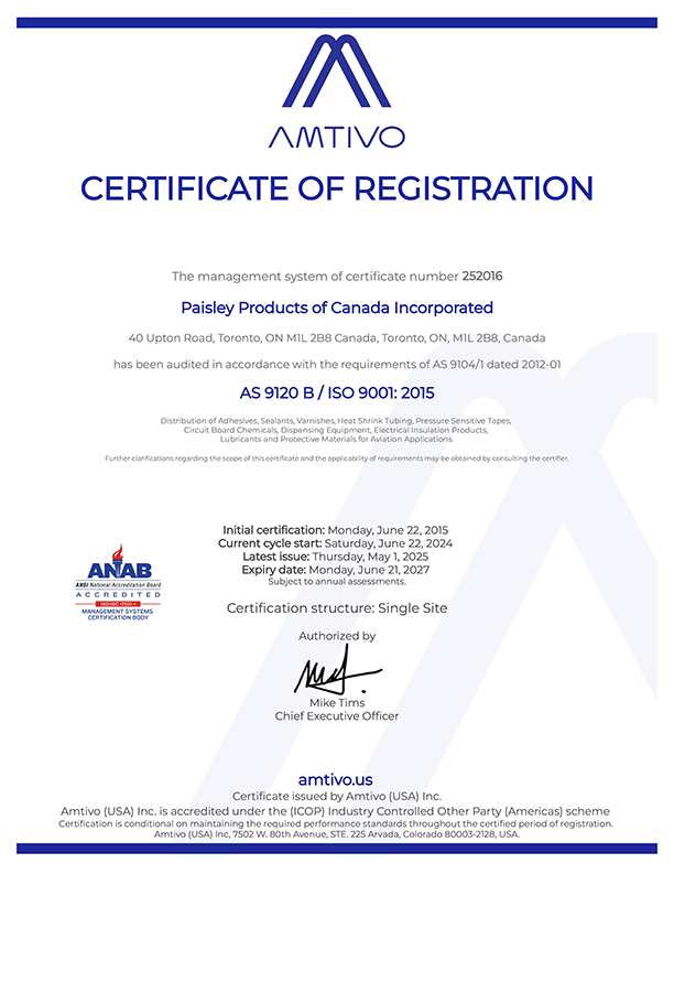 Certificate of Registration, issue to Paisley Products of Canada by Amtivo